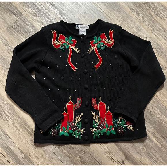 Vtg Studio Collection Christmas Holiday Sweater Cardigan Y2K Size Small Candles - Picture 1 of 9